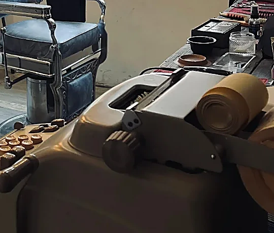 Máquina sumadora antigua sobre el mostrador, con un sillón de barbero al fondo